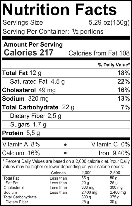 Lasagna Vegetariana Nutrition Facts